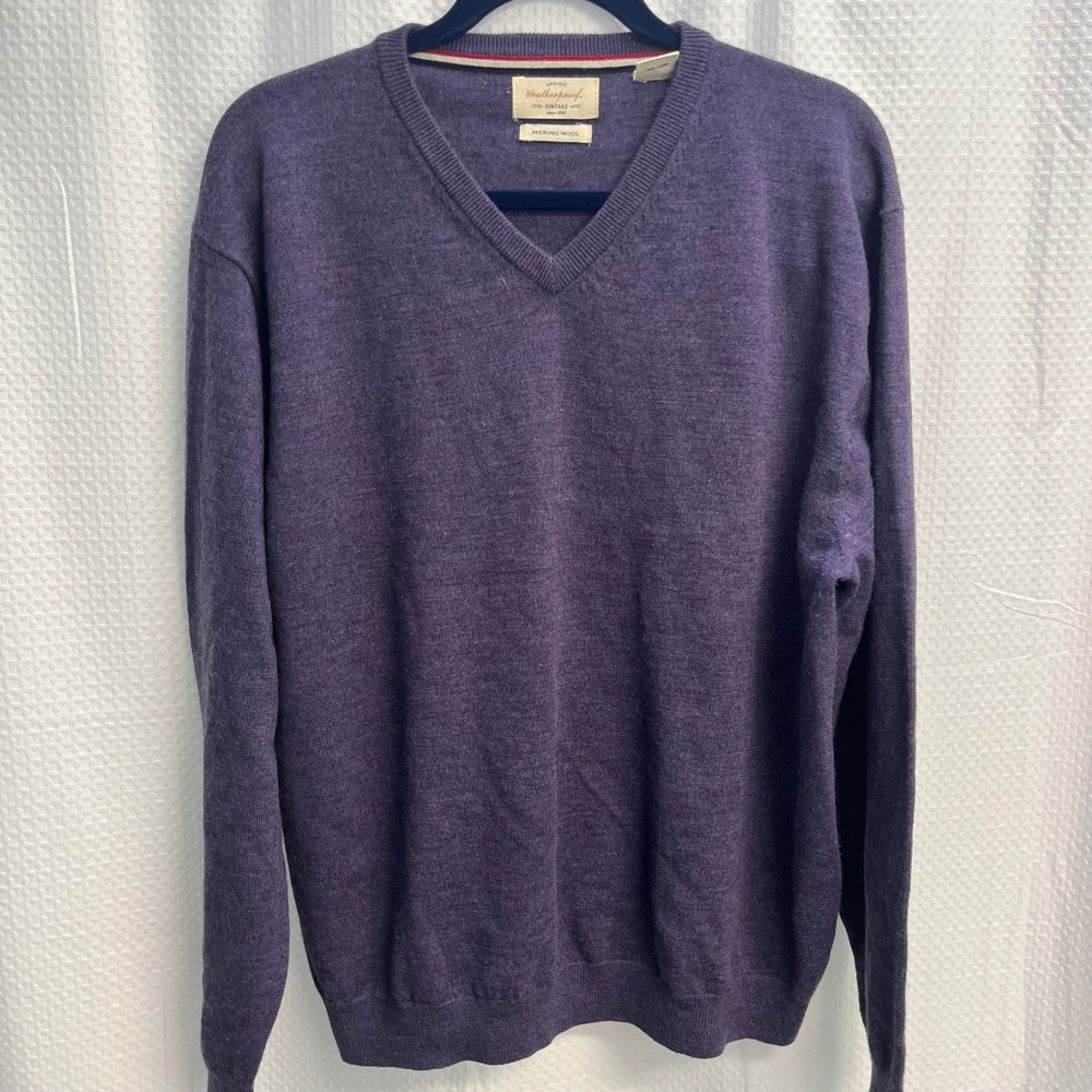 Weatherproof Vintage Mens XL Purple 100% Merino Wool V-Neck Sweater Heathered
